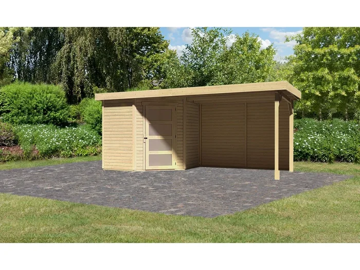 Karibu Gartenhaus Schwandorf 3 natur mit Anbaudach 2,8 m inkl. Rückwand